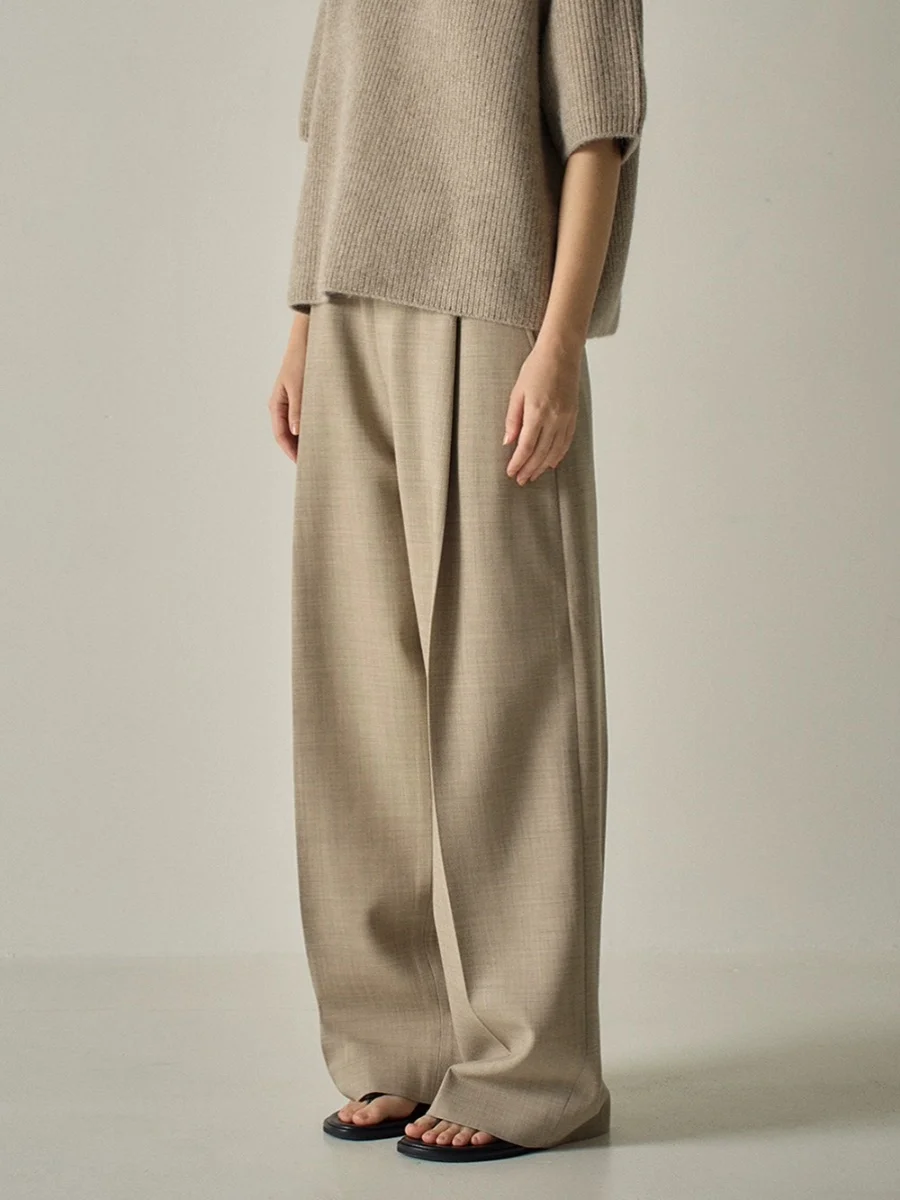 

Korean Style High Waist Wool Wide Leg Pants Casual Commute Women's Trousers Straight Cut Spring Season Fashion