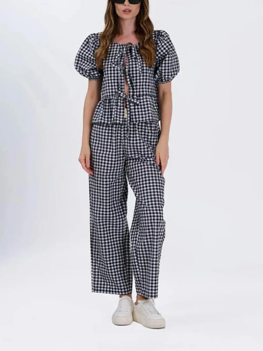 Casual Gingham Print Pantsuits Tied Front Puff Sleeve Peplum Top & Loose Pants Outfits Women\'s Lounge Clothing