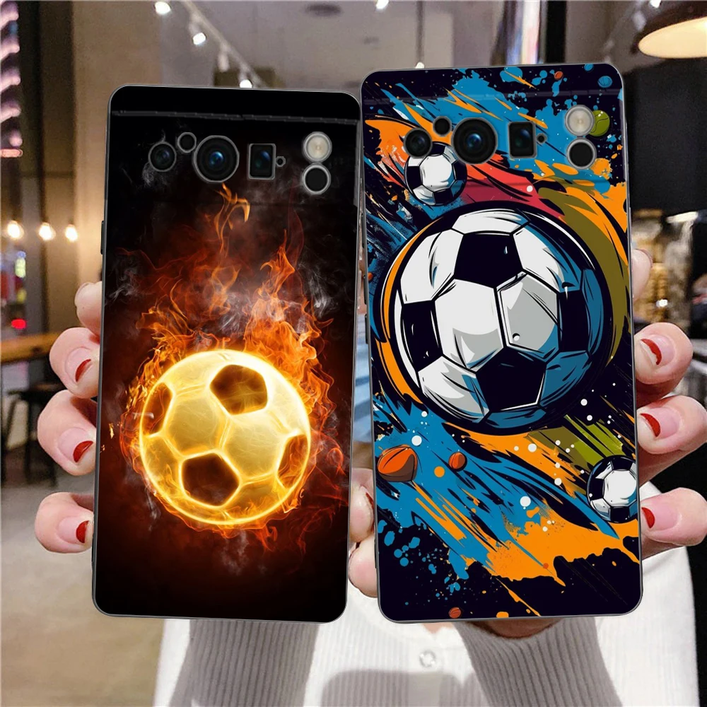 

Phone Case For Google Pixel 8 7 6 Pro 8A 7A 6A TPU Shell Soft Silicone Shockproof Black Cover Football Passion Soccer Ball