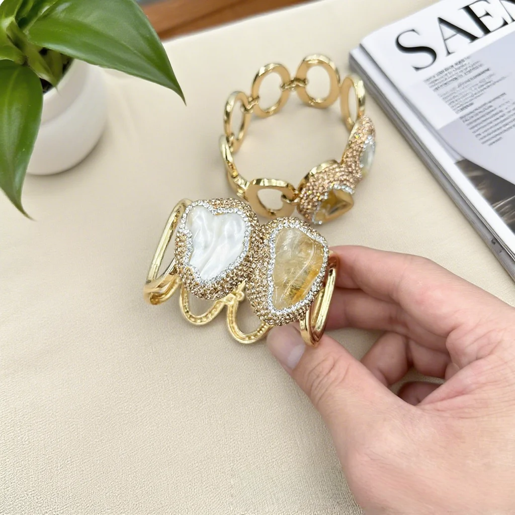 

Natural Baroque Freshwater Pearl Bracelet Personalized Inlaid Blue Yellow Citrine Crystal Primitive Stone Bangle for Women Lady