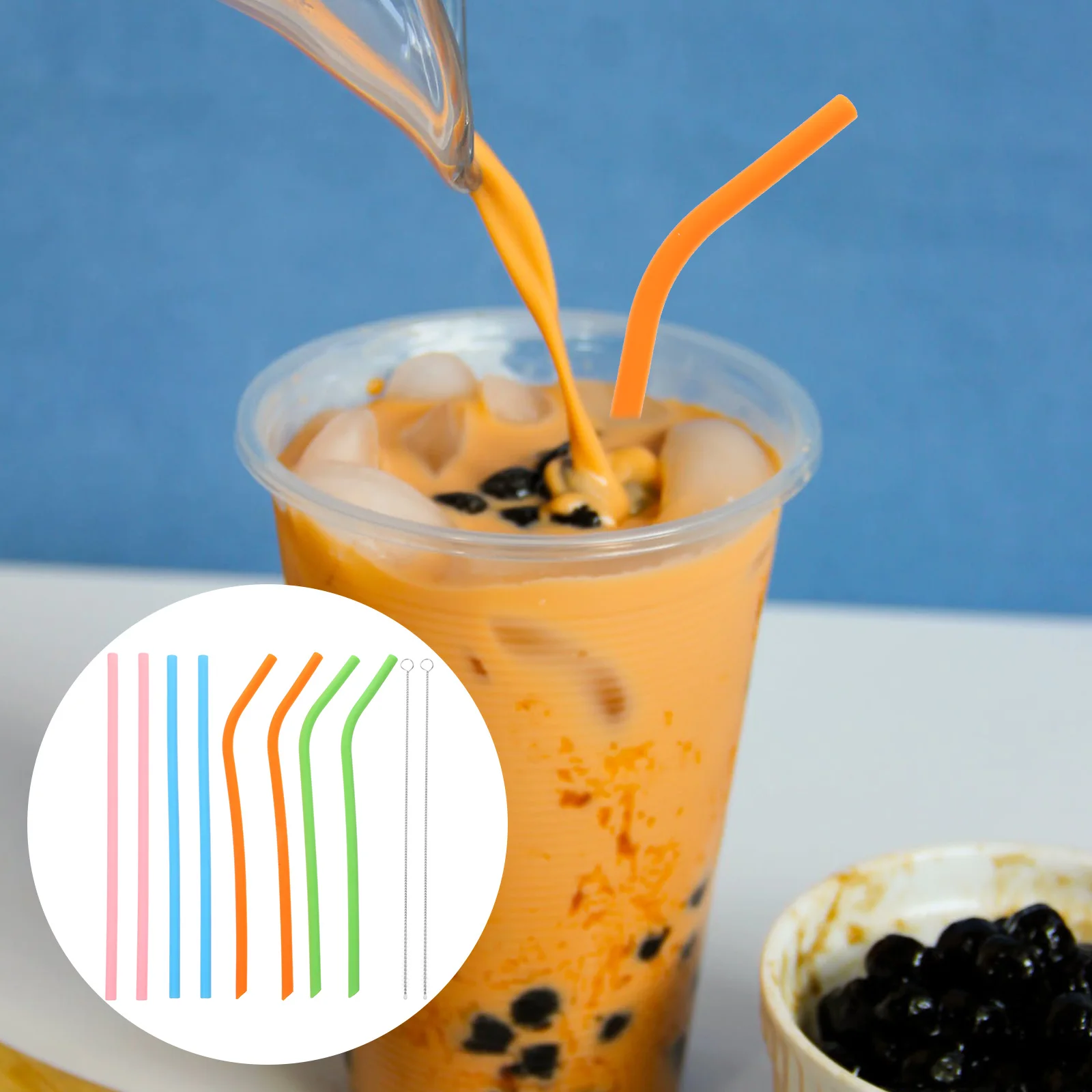 

1Set Silicone Straws Reusable Long Silicone Straws Ideal for Family Picnic Travel Office Drinking with Cleaning Brush Included