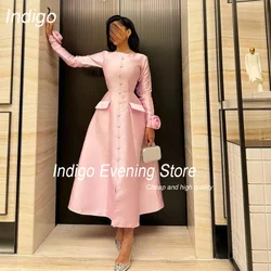 Indigo A-Line Evening Dress O-Neck Long Sleeve Buttons Satin Flowers Party Prom Gown Formal Occasion فساتين السهرة Customized