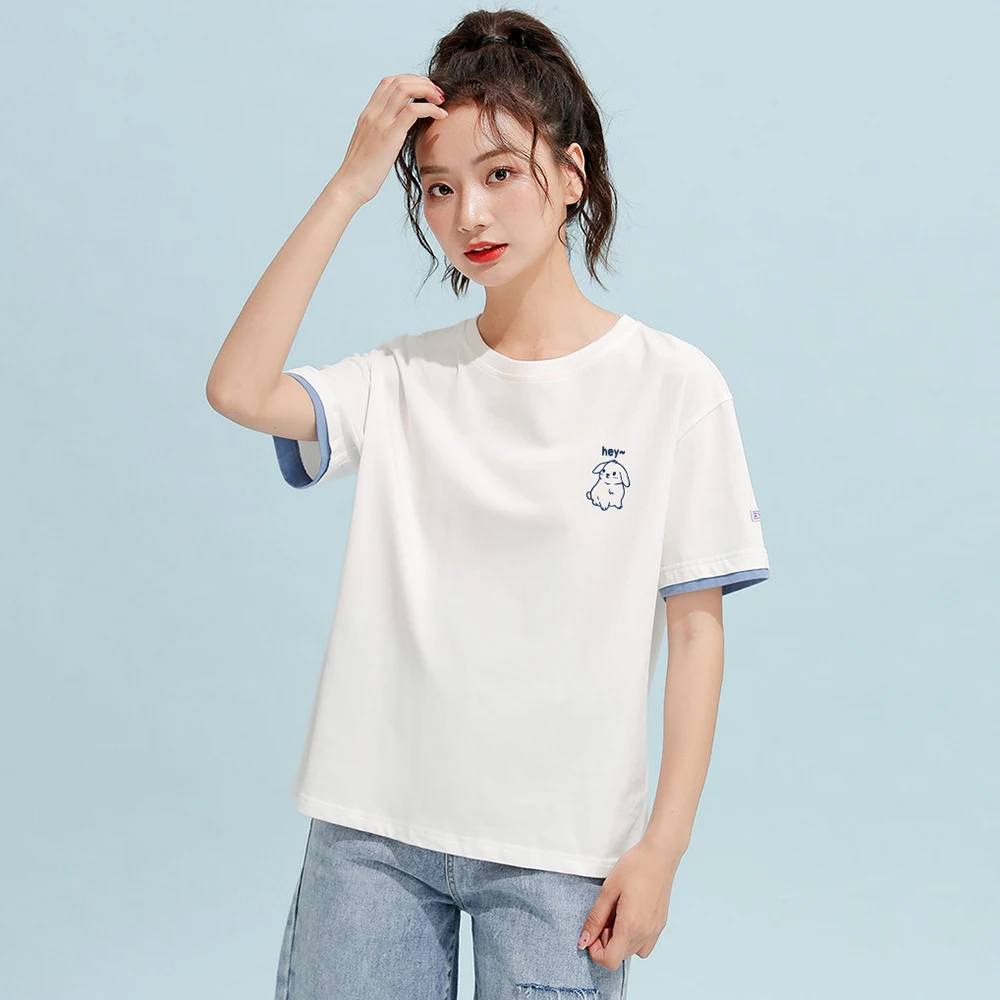 

New Women Summer Patchwork Cotton T-shirt Fashion O-Neck Short Sleeve Loose Tees Simplicity Casual Print White T-shirt