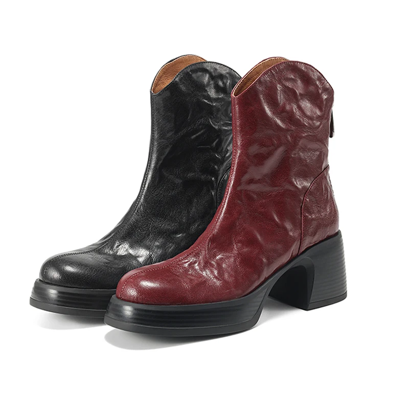 

Autumn Winter Ankle Boots Shoes Square Toe Genuine Leather Black WineRed High Quality Fashion Women Boots Thick Heels 6cmQY7