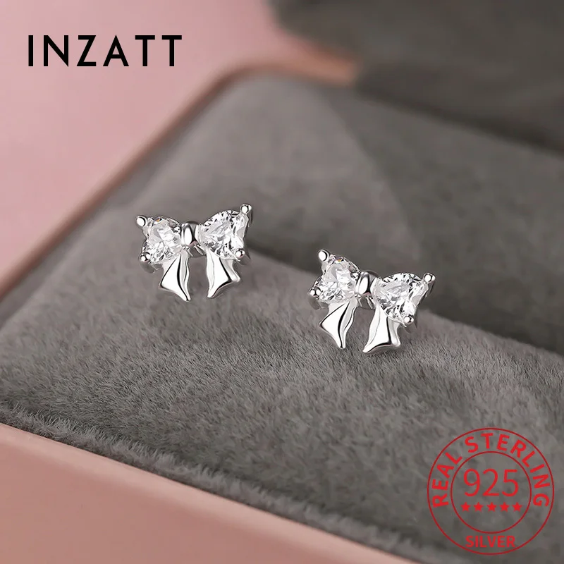 INZATT Real 925 Sterling Silver Sparkling Zircon Exquisite Bowknot Stud Earrings for Women Fine Jewelry Light Luxury Accessories