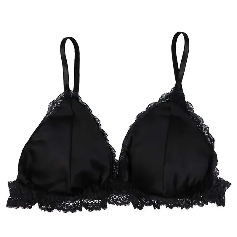 French triangle cup underwear with small chest and no rims, mulberry silk ultra-thin summer lace silk bra sponge detachable