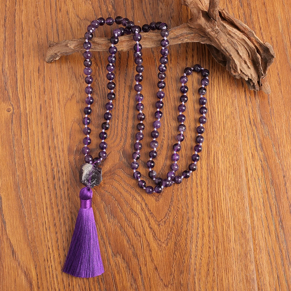 

8mm Natural Amethyst Knotted Beaded 108 Mala Beads Necklace Meditation Yoga Prayer Rosary with Big Stone Guru Bead Jewelry