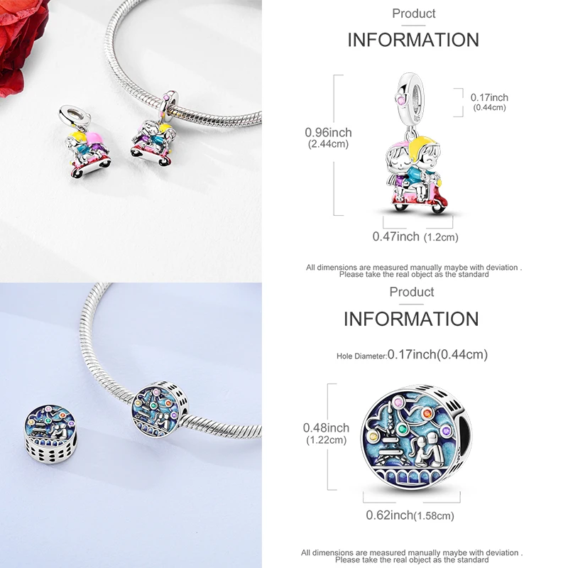 925 Sterling Silber Liebesherz Paar Familie Rose Motorrad Charm-Perlen DIY Armband Halskette Jubiläumsgeschenk für Frauen – Detail 7