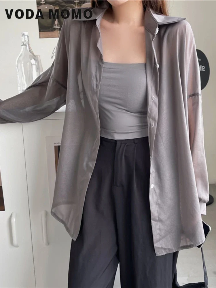 

Korean Outdoor Beach Holiday Ladies Tops Summer Women Thin Chiffon Shirts Loose Long Sleeve Jacket Sun Protection Shirt Solid