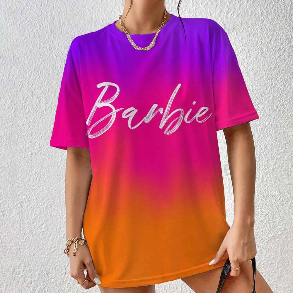 2025 New Women's Round Neck T-Shirt Short Sleeve Barbie Spring and Summer Cartoon Print Genuine Cute Loose Simple Style T-Shirt