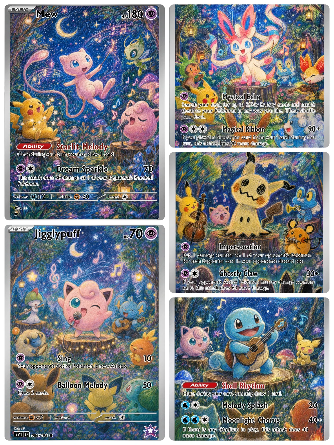Moonlight Concert PTCG 5 Cards Set, Mew, Sylveon, Jigglypuff, Squirtle, Mimikyu, Full Art Holographic Collectible Trading Cards