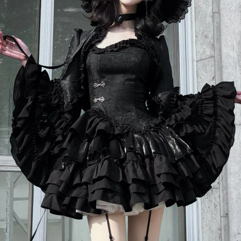 

Japanese Vintage Gothic Lolita Style Blouses Women Harajuku Multi Layers Rufflese Flare Sleeve Shirts Y2k Hollow Out Shawl Tops