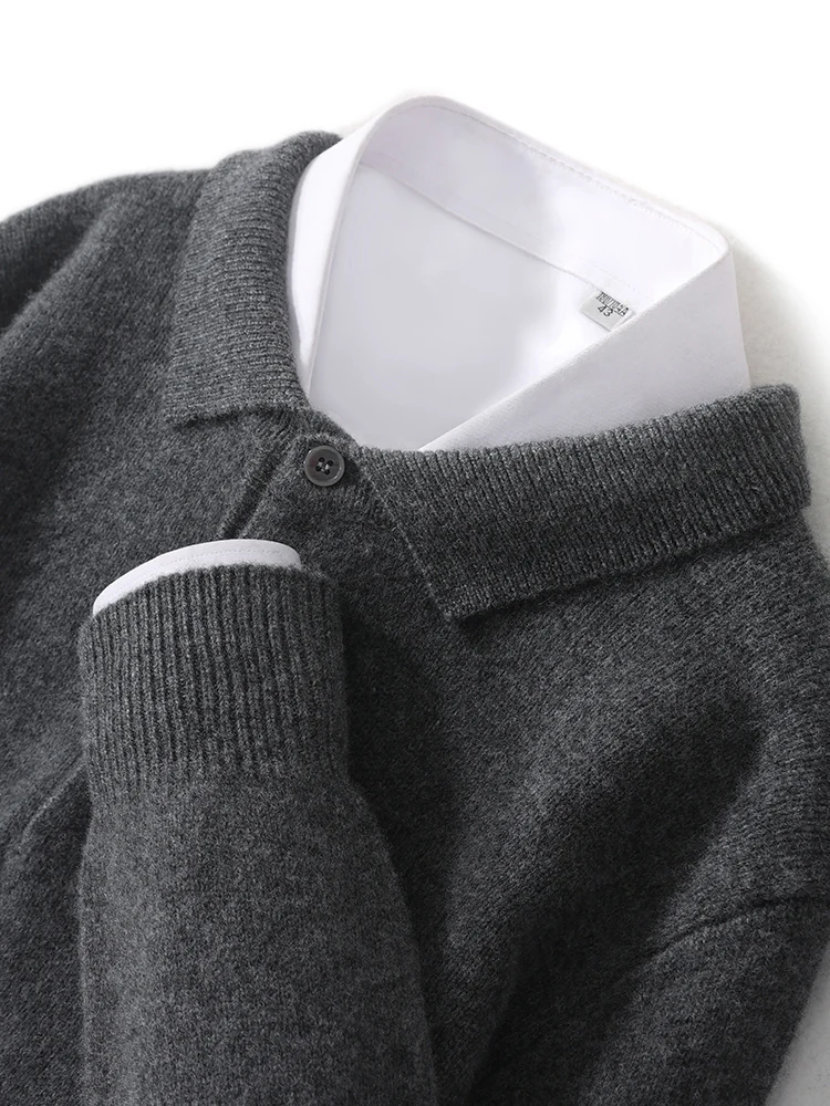 New Men\'s POLO Collar Sweater  Autumn Winter Thick Long Sleeve Business Pullovers 100% Merino Wool Knitwear Shirt Basic Clothes