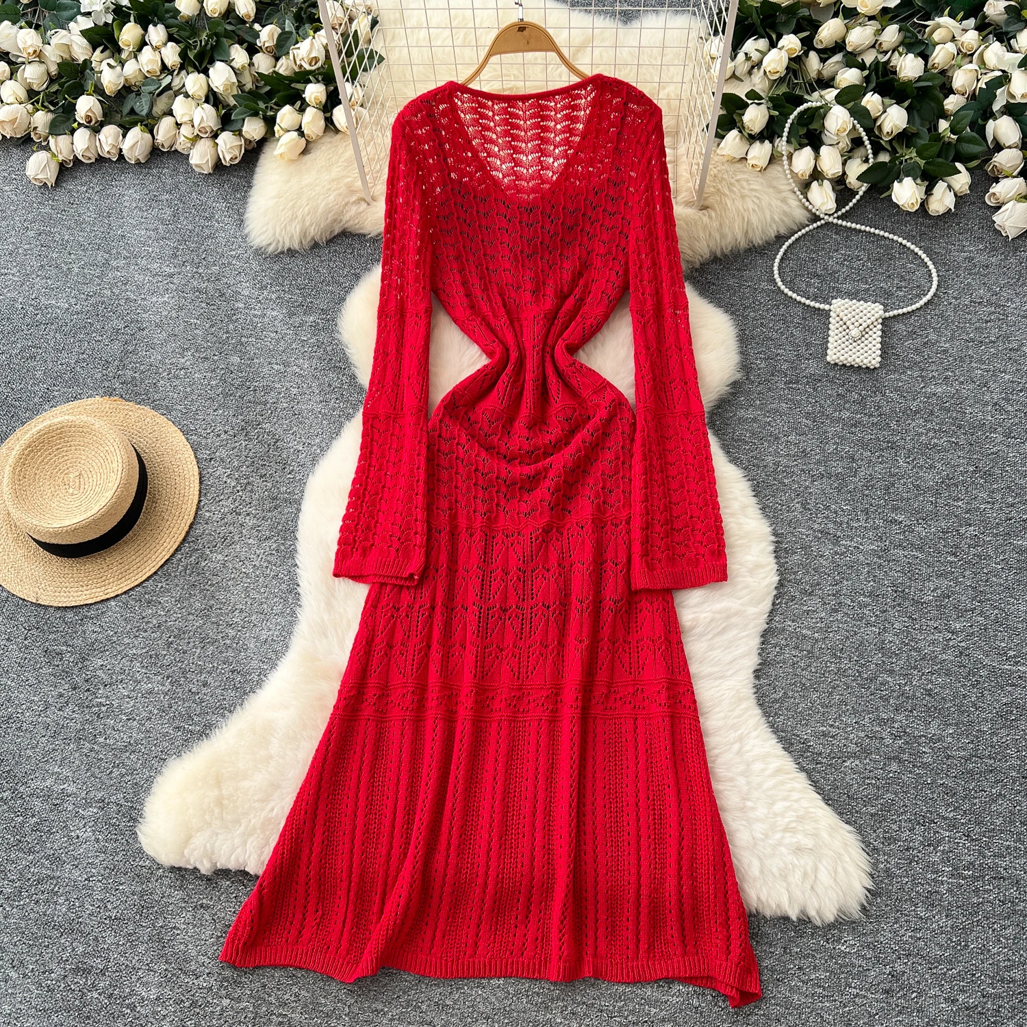 Chic vintage V-Neck Hook flower hollow Knit Elegant Fairy korean fashion Boho Sundress women clothing dress