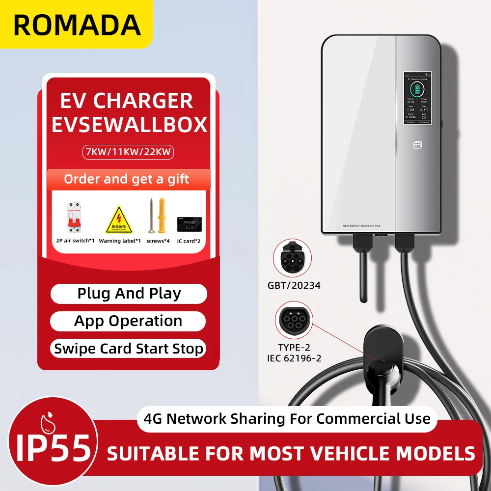 

ROMADA 32A 7KW Electric Vehicle Car Charger Wallbox with IEC62196 Type2 GB/T20234 Cable APP Control EV Charging Station With CE