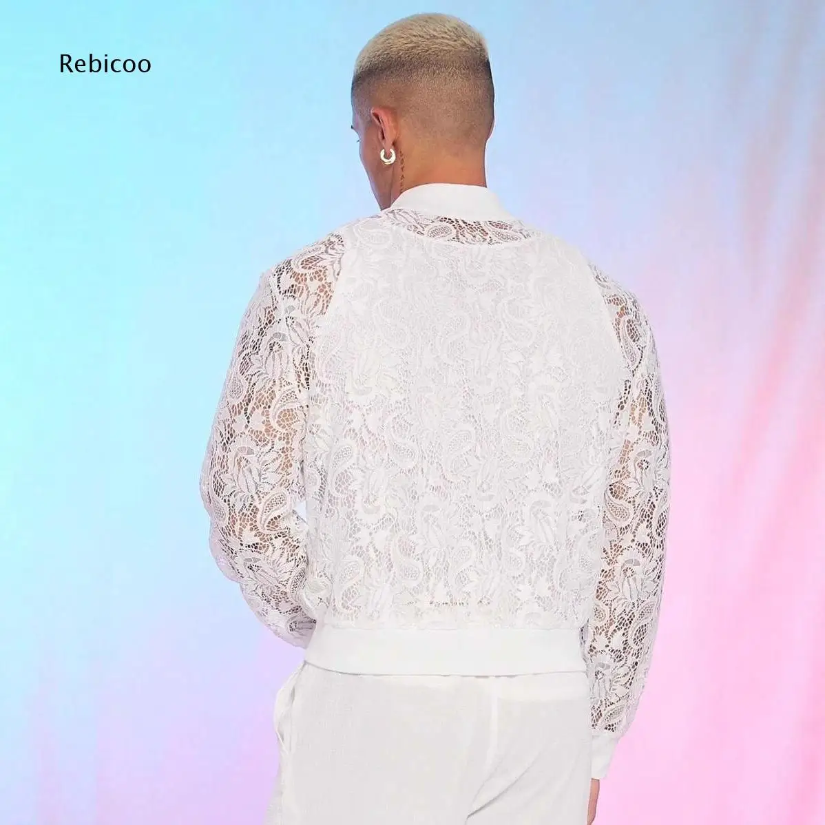 Fashion Stand Collar Lace Bomber Jacket For Men Zip Front Closure Designed For Various Stylish Daily Matching Needs