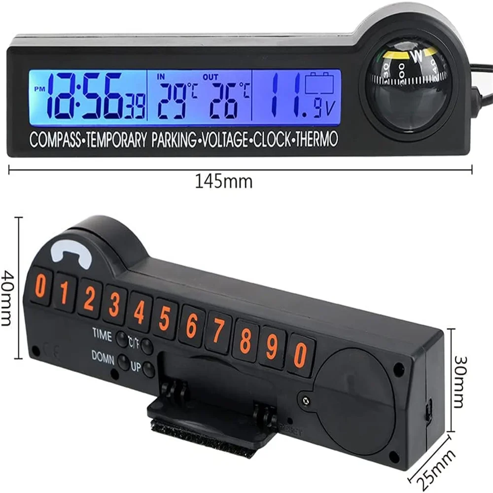 5 in 1 Clock Calendar Compass Thermomete Car Temporary parking card Multi-Function LCD Display Screen Voltage Tester 12V