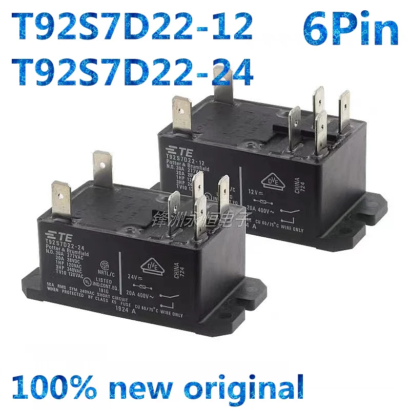 

10pcs New Original Power Relay T92S7D22-12 T92S7D22-24 12VDC 24VDC 30A 250VAC 6PIN General Purpose Relay DPST-NO (2 Form A)