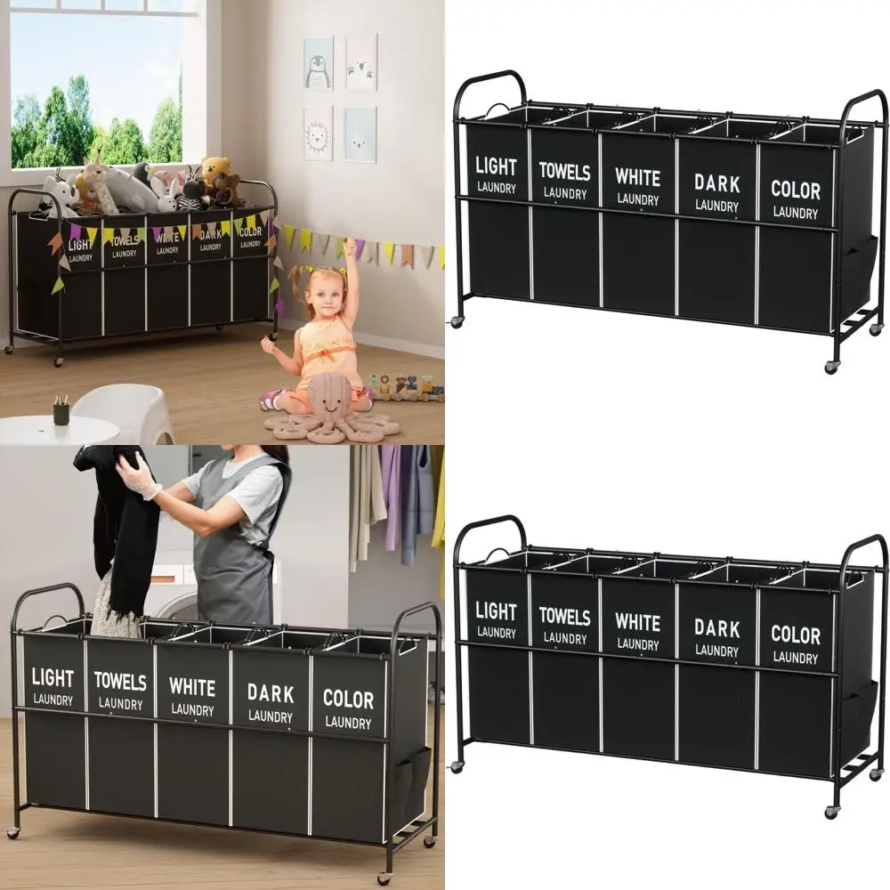 

Large 5-Section Rolling Laundry Cart with Lockable Wheels and Removable Bags for Clothes Storage