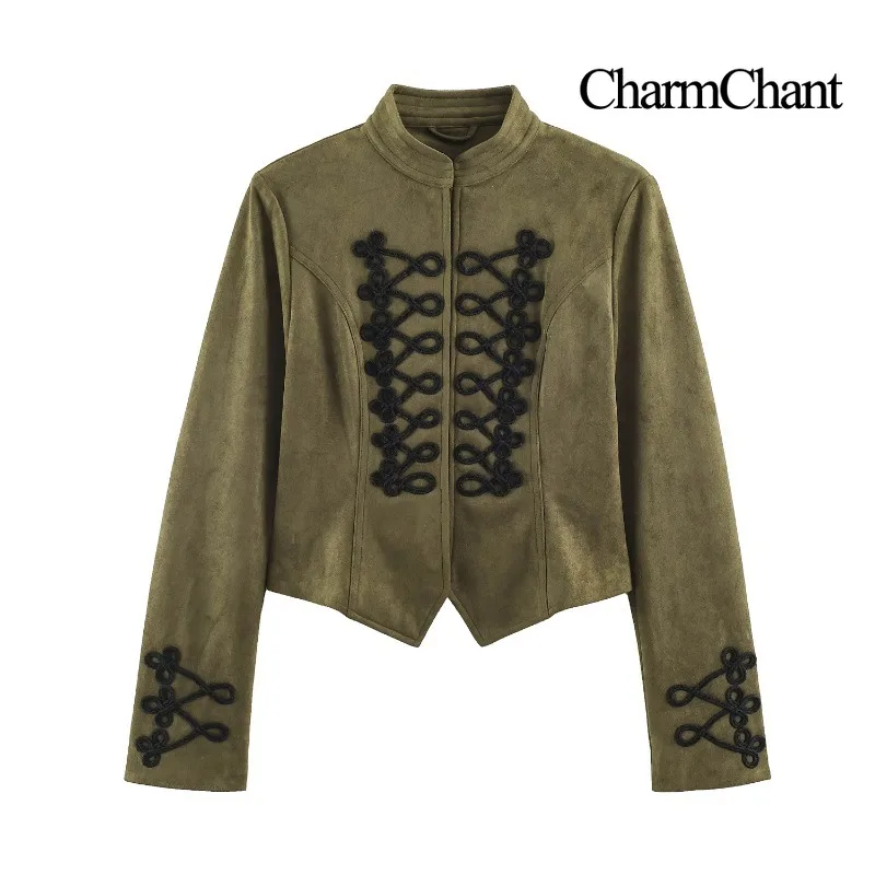 CHARMCHANT Women's Retro Faux Suede Stand Collar Long Sleeve Cropped Jacket Knot Embroidery Decor Vintage Street Wear Fall 2026
