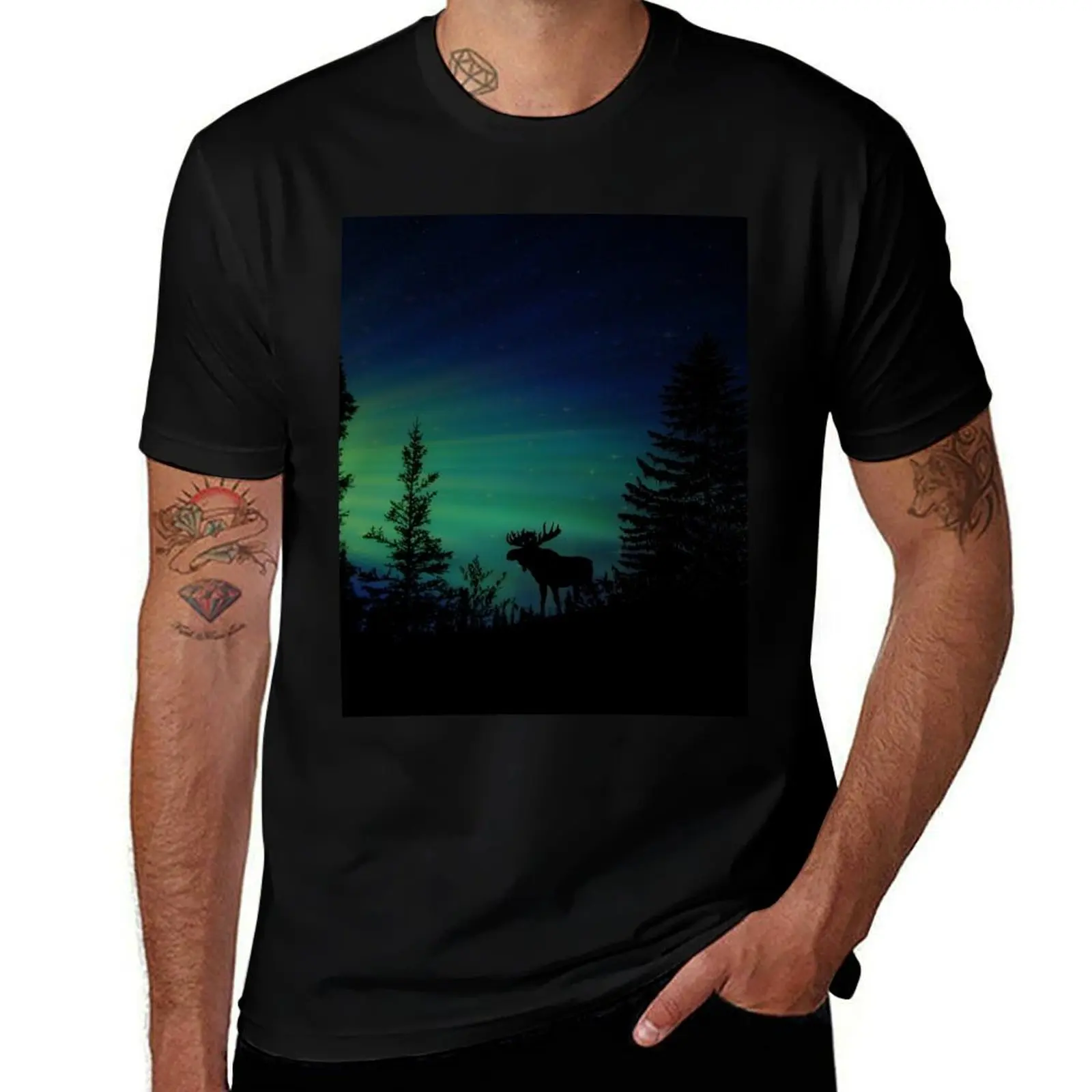 

Moose with Northern Lights T-Shirt t shirt man cotton t shirt man casual