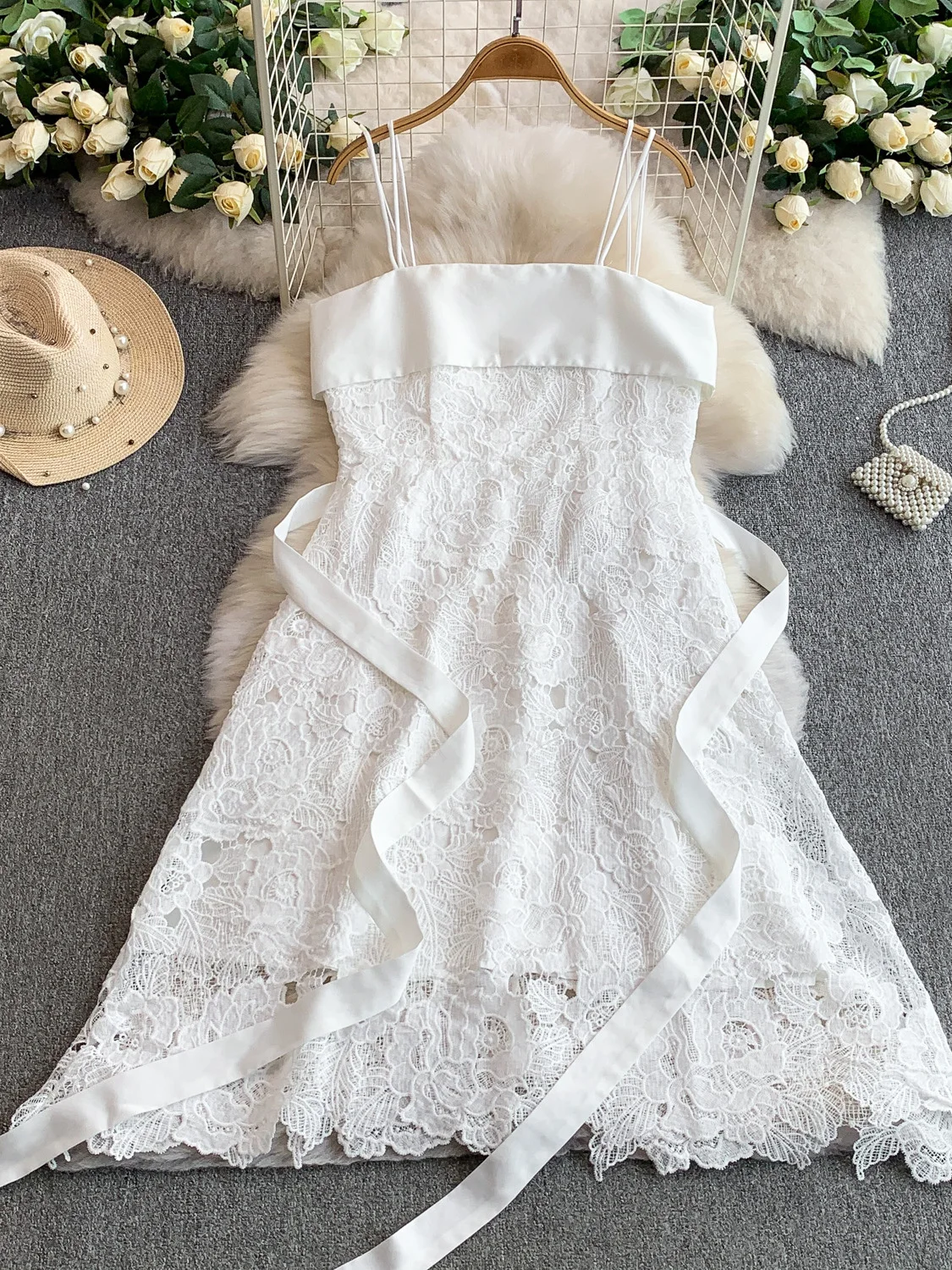 エレヘビーウェイト水溶性レースパッチワークシルクサテンストラップガウンレディースベルト付きウエストスリムロングドレス