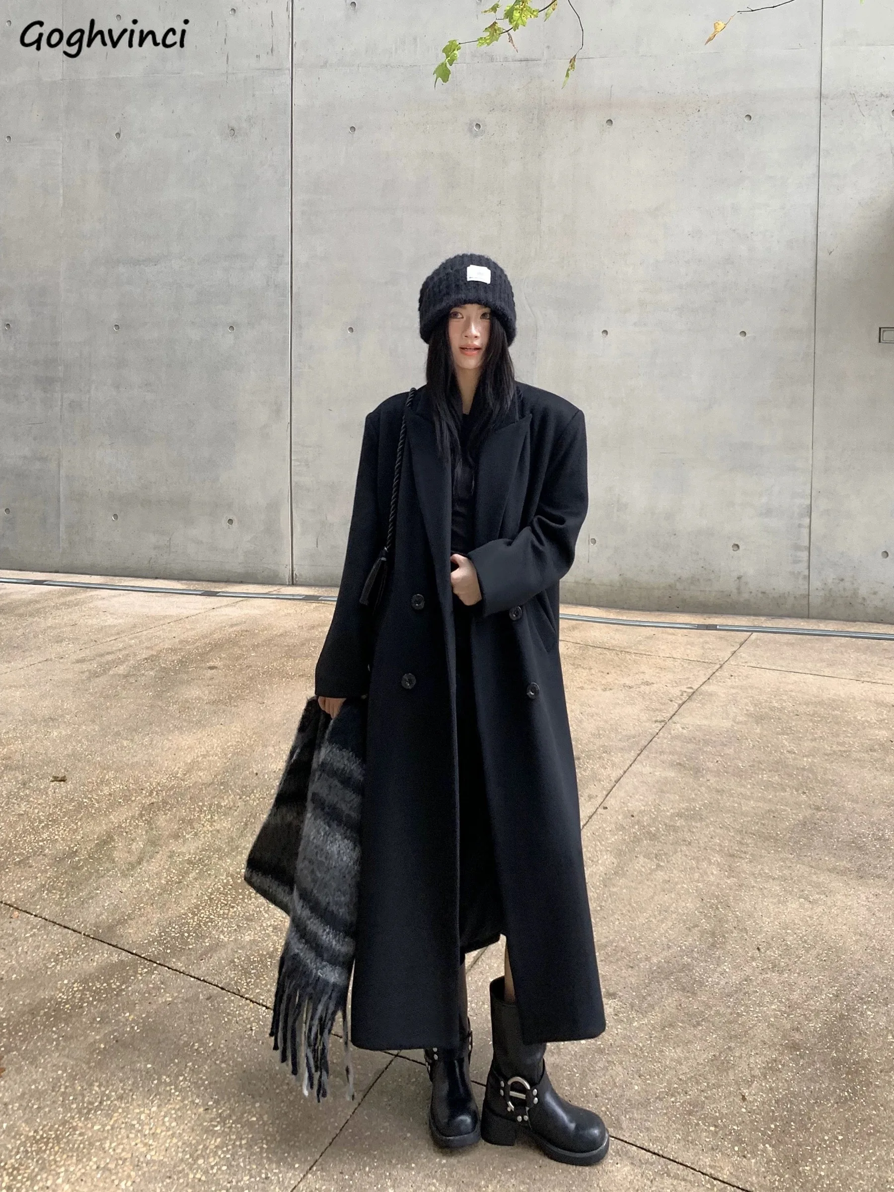 

Women Blends Wool Coats Black Thickened Fleece Lined Extra Long British Minimalist Ins Trendy Winter OL Office Casual Overcoat