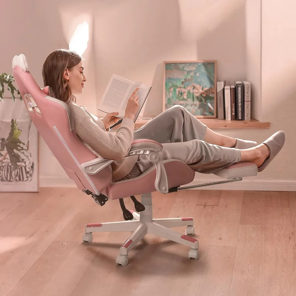 كرسي ألعاب مريح باللون الوردي مع آذان قطط، ووسادة قطنية، ومسند للقدمين، ومسند للرأس للنساء، ومقعد كمبيوتر لطيف ومريح #6