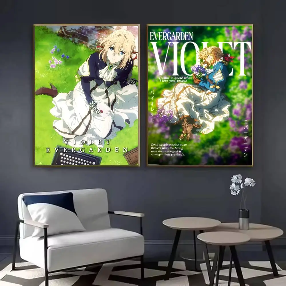 Violet E-Evergarden Anime Poster Waterproof Sticky Wall Art Print For Bedroom Living Room Hallway Bar Home Decor