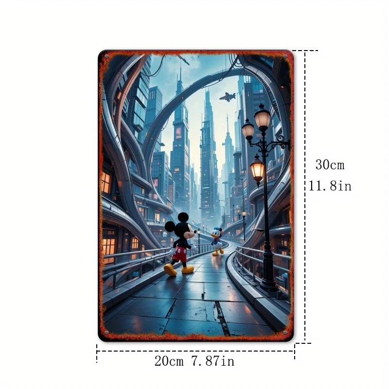 [مسطح] قطعة واحدة من فن الحائط المعلق بالحديد مقاس 8 × 12 بوصة - مغامرة مدينة ميكي ودونالد داك المستقبلية، حضري نابض بالحياة والمغامرة