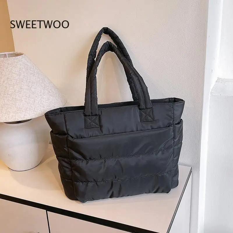 Womens Pink Quilted Tote Bag Large Capacity Puffer Shoulder Bag Casual Daily Handbag - view 2