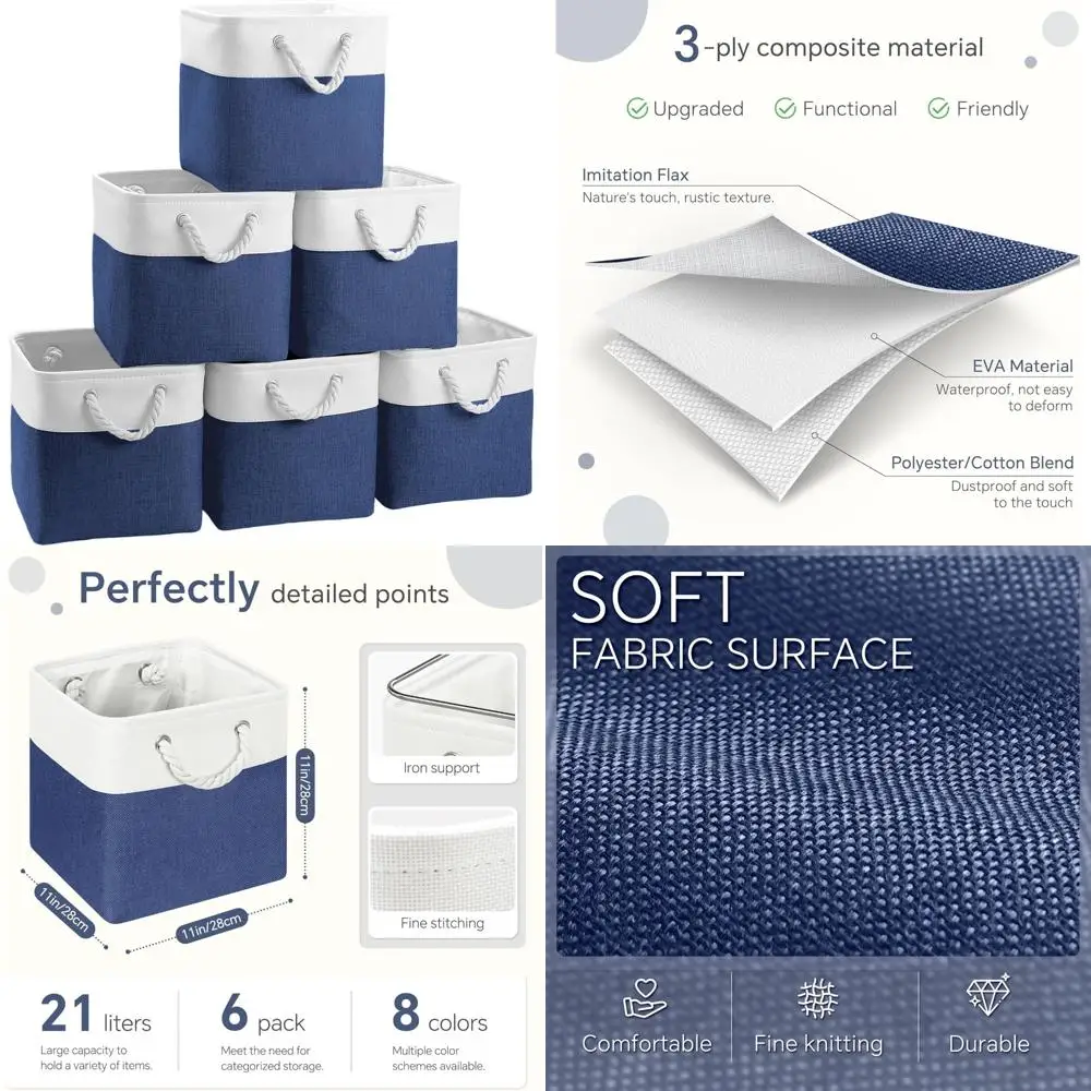 6-Pack 11x11 Inch Cube Storage Baskets with Cotton Handles for Organizing Closets, Shelves, Clothes, Toys, and Towels in White a