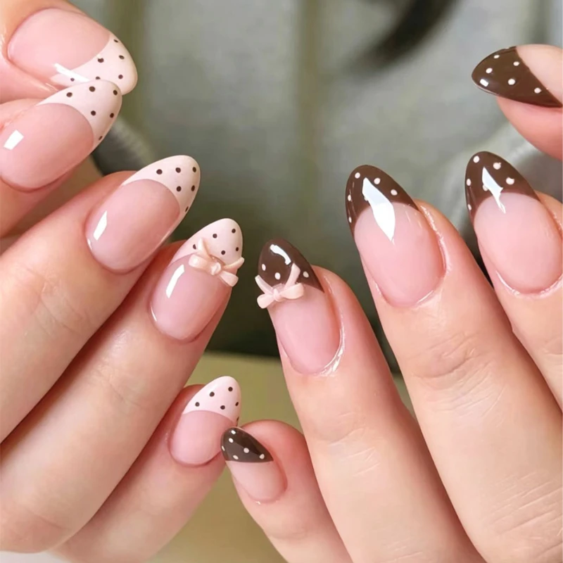 24pcs Press on Nail Tips with A Delicate Bow and Polka Dot Design in An Almond Shape Perfect for Girls or As A Gift for A Friend