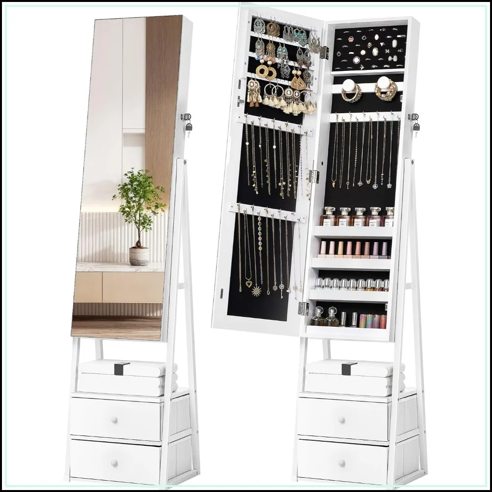 Jewelry Cabinet Armoire with 2 Drawers and Full Length Mirror in Pure White