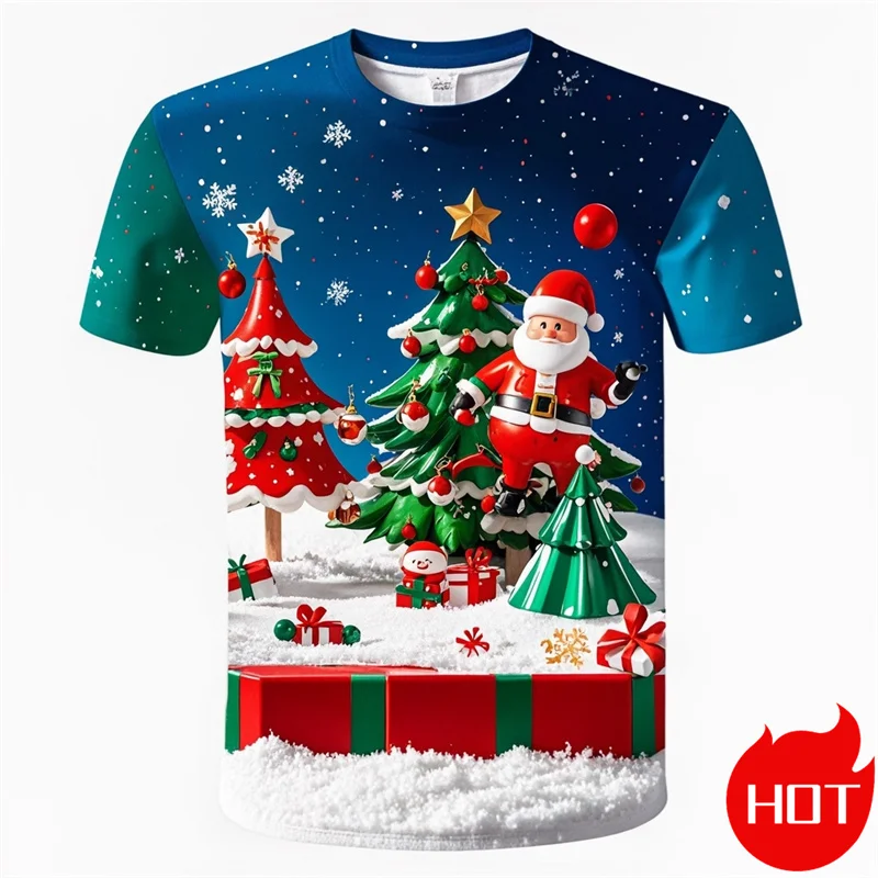 Summer Fashion 3D Merry Christmas Print T Shirt Cute Santa Xmas Christmas Trees Graphic T-shirts Men Funny Snowflakes Tee Shirts