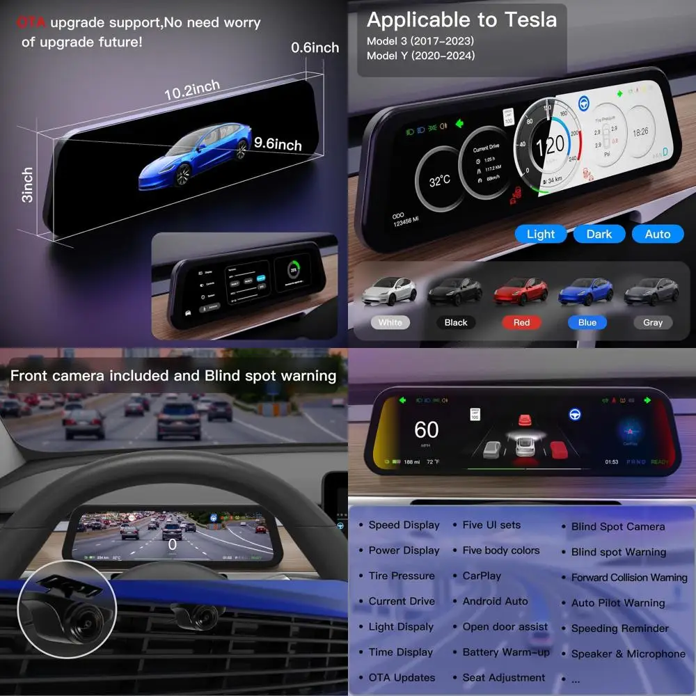 

9,6-дюймовый дисплей Heads Up для Tesla Model Y и Model 3 — беспроводной CarPlay и Android Auto, ультратонкий экран с фронтальной камерой, без переменного тока