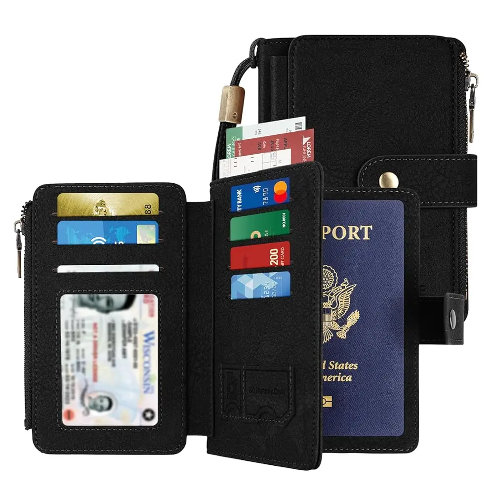 

Держатель для паспорта с защитой от RFID, кожаный чехол для паспорта для женщин/мужчин, стильные дорожные кошельки с отделениями для карт и SIM-карт, с местом для фото.