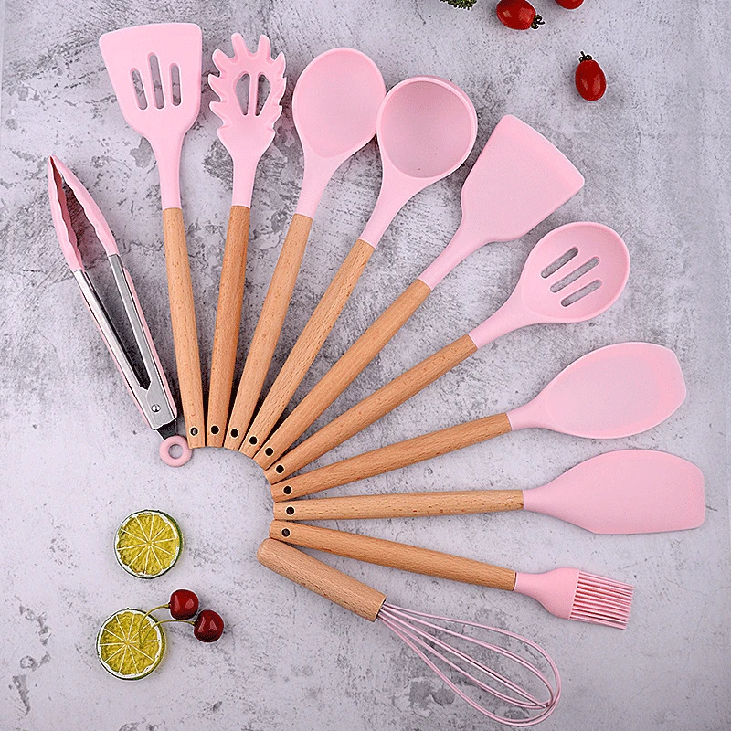 

Kitchenware 12-piece Set of Non-stick Spatula Set Storage Barrel Creative Food-grade Heng Cooking Tools Wooden Handle Silicone