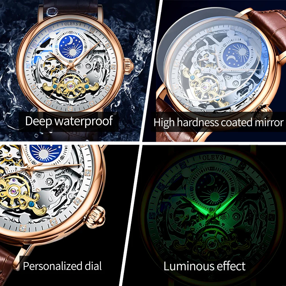 OLEVS Brand 2024 Fashion Moon Phase Skeleton Mechanical Watch for Men Sport Leather Waterproof Luxury Tourbillon Watches Mens