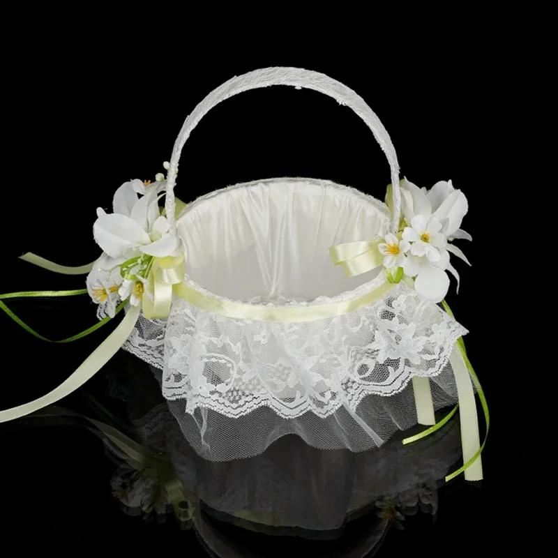 Cesta de flores para niña, cestas de flores de boda de encaje blanco para flores, suministros de decoración para ceremonia de boda de mano para novia/niño