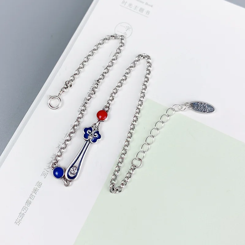 Chinese Style 925 Sterling Silver Foot Chain for Women Ethnic Simple Enamel Colorful Ruyi Shape Anklet Original Design Jewelry
