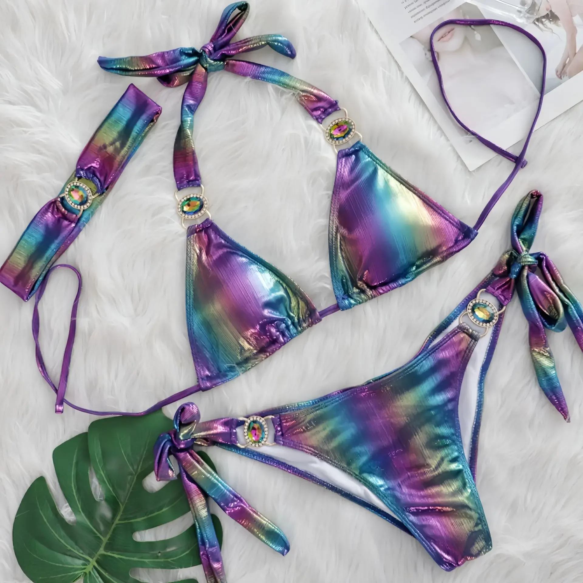 With Hairband Halter Jewelled Diamond Bikini Women Swimsuit Female Swimwear Three Pieces Bikini Set Brazilian Bathing Suit Swim