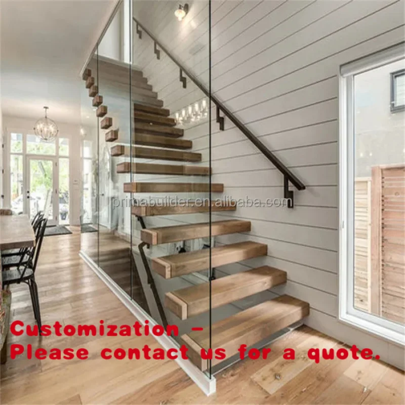custom.America Interior Solid Wood Walnut Oak Steps Floating Stairs L Stairs haped Straight Staircase with Glass Railing
