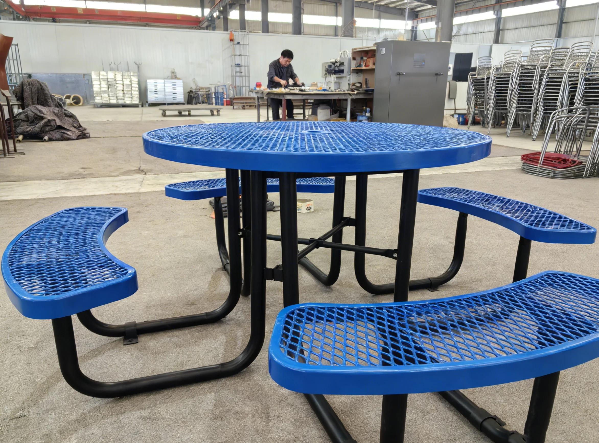 Outdoor Furniture  Park Thermoplastic Coating Expanded Steel Picnic Table and Bench Street Mesh Picnic Table Set