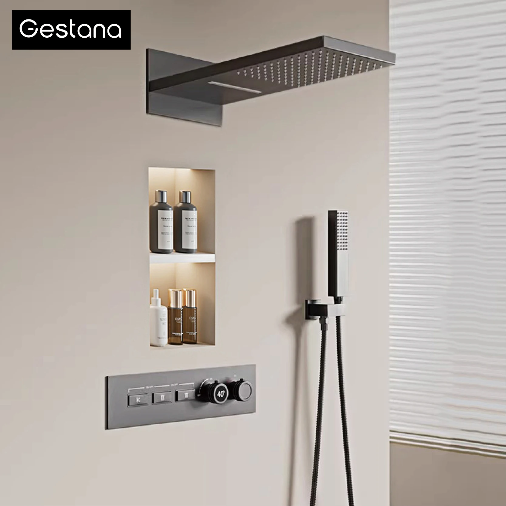 

Gun gray brass wall mounted constant temperature LED digital shower system Modern Hidden Installation Anti-Scald Rain Shower Set