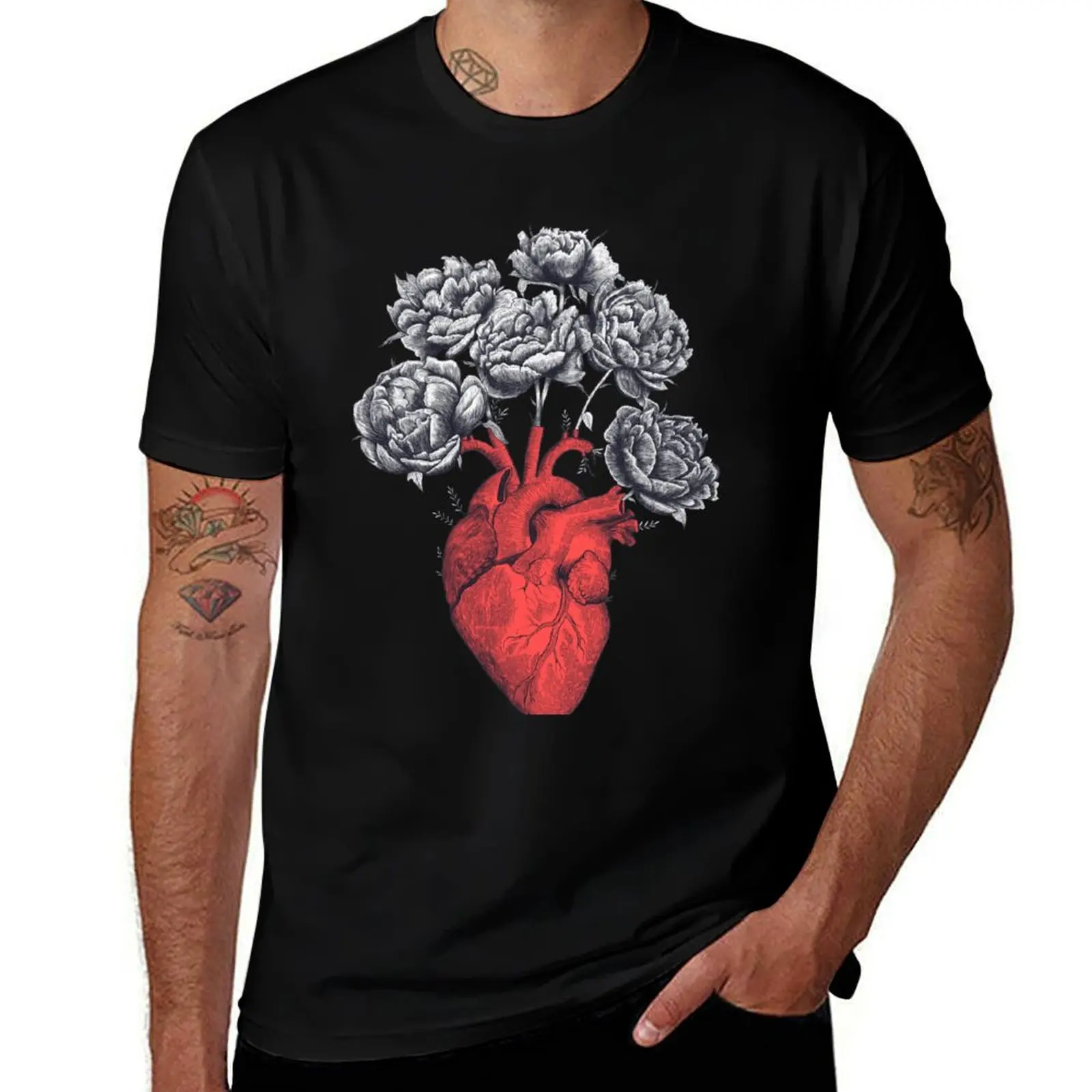 

Heart with peonies T-Shirt g man t shirts for men t shirts for man cotton T-Shirt