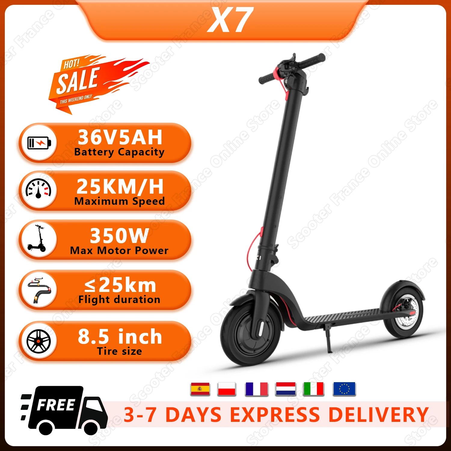 Scooter elettrico X7 per adulti, motore da 350 W, pneumatico da 8,5, portata 15 mph, portata 15 miglia, velocità di crociera, scooter leggero con batteria rimovibile