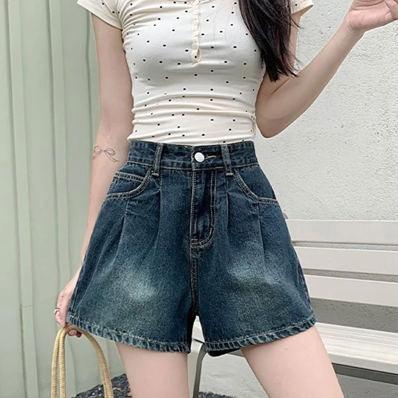 

Винтажные плиссированные джинсовые шорты с высокой талией, лето 2025 г., универсальные широкие шорты с карманами, повседневные свободные джинсовые шорты трапециевидной формы