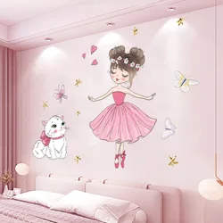 1PC Cartoon Girl And Butterfly Dancing Kitten Enjoy Sticker Decoration, Bedroom Room Wall Waterproof Self-adhesive Wall Sticker