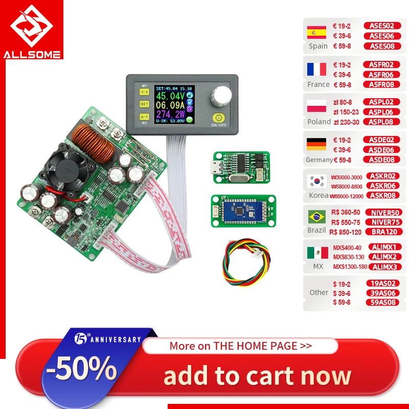 Allsome DPS5020 50V 20A Constante Spanning Stroom Converter Lcd Voltmeter Step-Down Communicatie Digitale Voeding